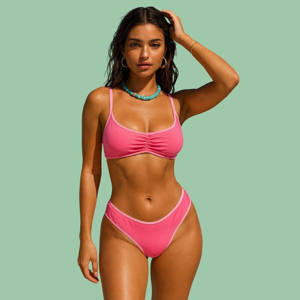 💖 Aerie Hot Pink Ruched Bikini Set with Contrast Trim (Top XL / Bottom M)